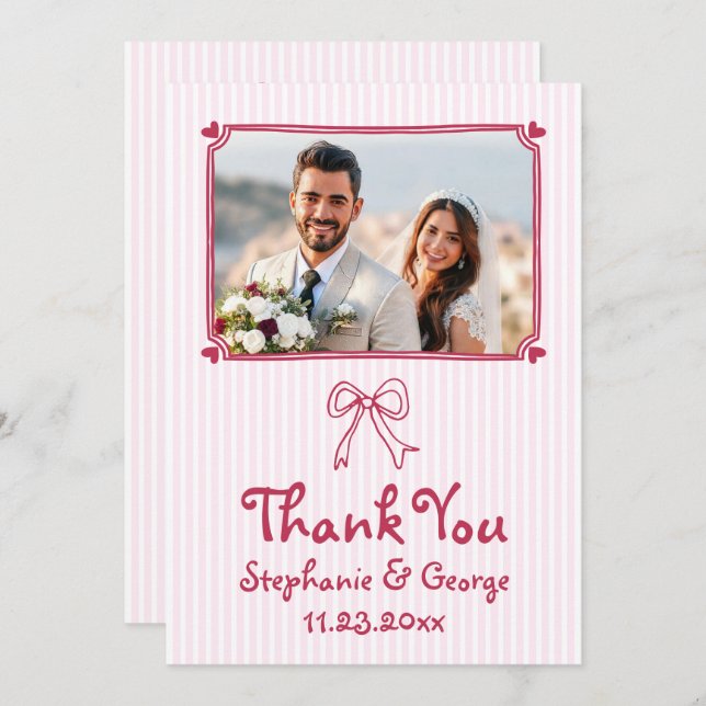 Pink hand drawn scribble whimsical photo wedding thank you card (Front/Back)