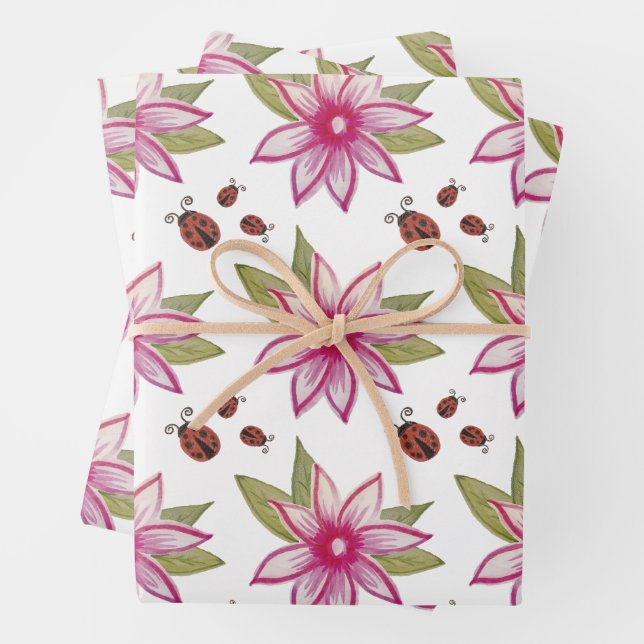 Pink hand drawn Spring Flower Ladybugs Wrapping Paper Sheet (In situ)