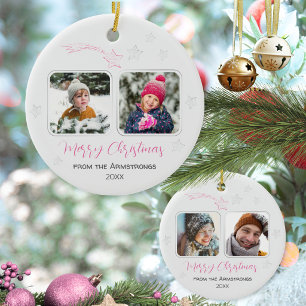 Pink Hand Drawn Stars Family 4 Photo Christmas Ceramic Tree Decoration