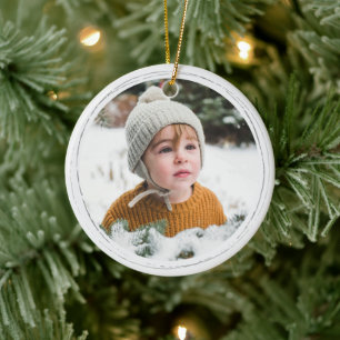 Pink Hand Drawn Stars Round Photo Christmas Ceramic Tree Decoration