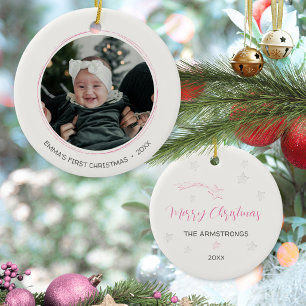 Pink Hand Drawn Stars Round Photo Christmas Ceramic Tree Decoration