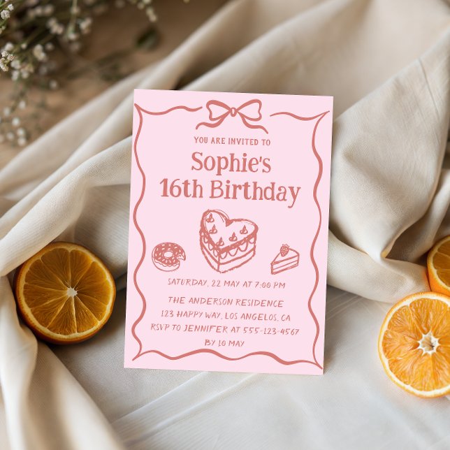 Pink Hand-Drawn Sweets Sweet 16 Birthday  Invitation (Creator Uploaded)
