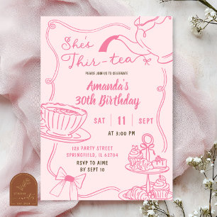 Pink Hand Drawn Thir-Tea 30th Birthday Invitation