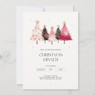 Pink Hand Drawn Tree Christmas Dinner Party Invitation