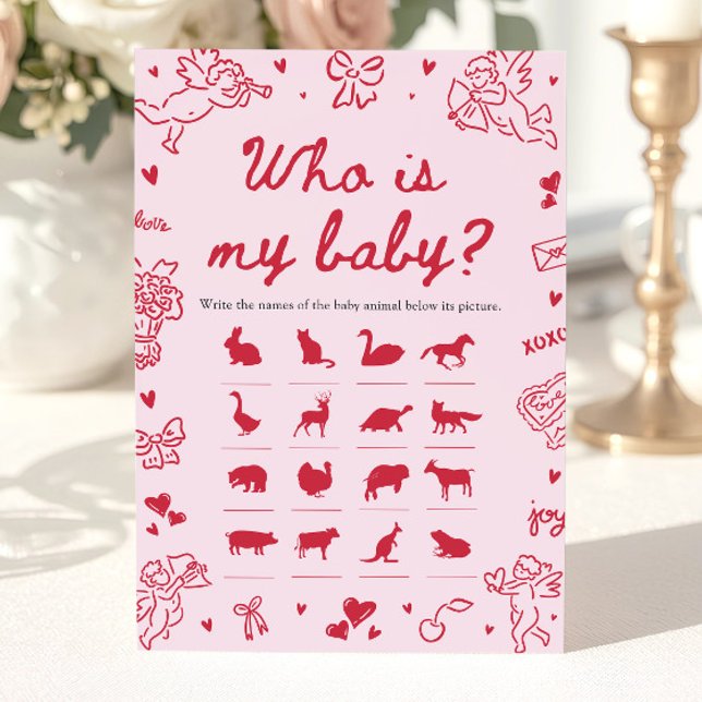 Pink Hand Drawn Valentine Who Is My Baby Game Invitation (Pink Hand Drawn Valentine Who Is My Baby Game)