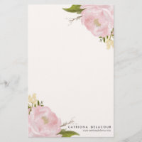 Pink Hand Drawn Watercolor Peonies Stationery