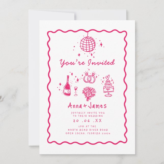 pink hand drawn whimsical trendy funky wedding invitation (Front)