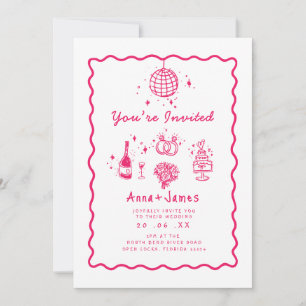pink hand drawn whimsical trendy funky wedding invitation
