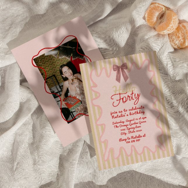 Pink Hand Painted Bow Hello Forty Photo Birthday  Invitation (Creator Uploaded)