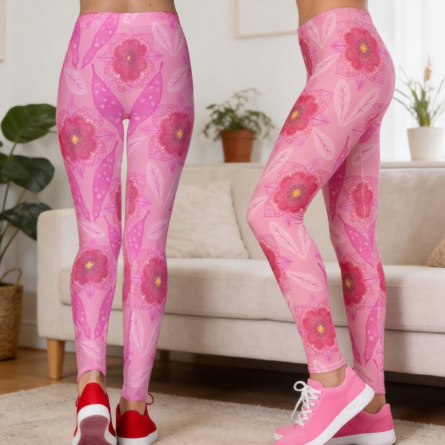 Pink Hand Painted Floral Leggings (Bright blooms and leaves dancing down your legs. A hand‑drawn style that’s all about originality.)