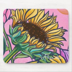 Pink Hand-Painted Yellow Sunflower Mouse Pad