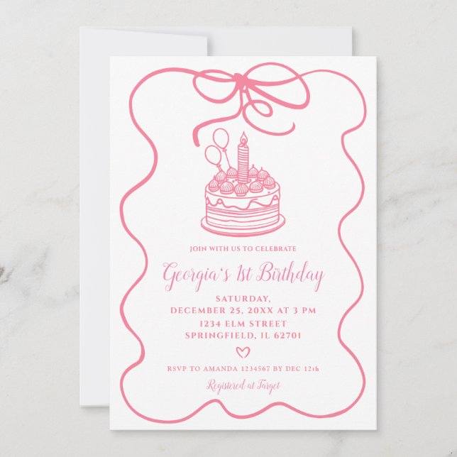 Pink Handdrawn Conquette Bow Girl's 1st Birthday Invitation (Front)