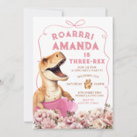 Pink Handdrawn Dinosaur Three-rex Floral Birthday