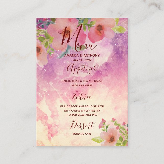 Pink handmade watercolor floral wedding menu (Front)