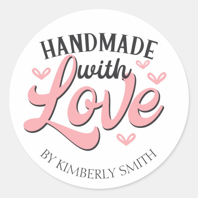 Pink Handmade with Love Classic Round Sticker (Front)
