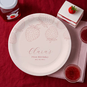 Pink Handraw Minimalist Strawberry Birthday Paper Plate