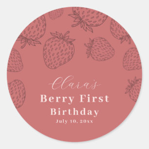 Pink Handrawing Strawberry First Birthday Classic Round Sticker