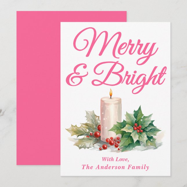 Pink Handwritten Script Merry & Bright Holiday Card (Front/Back)