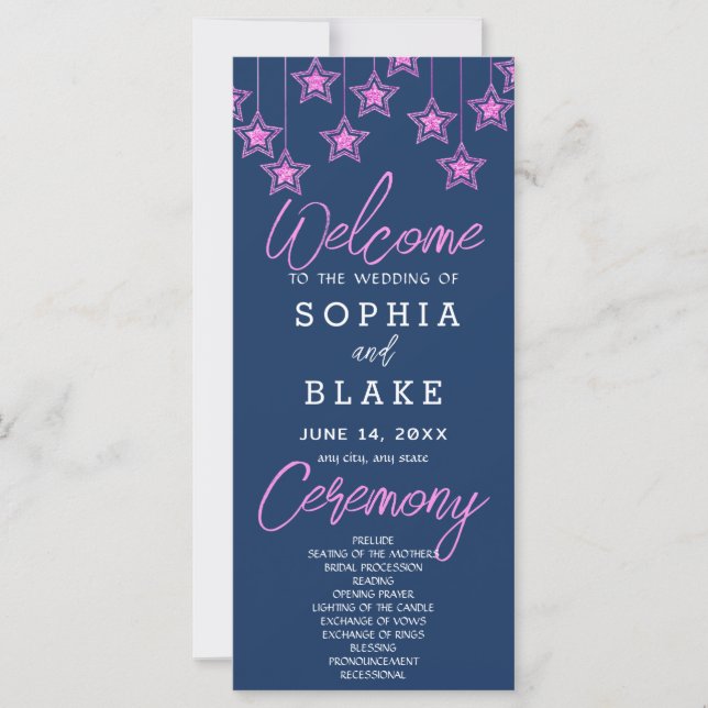 Pink Hanging Stars Dark Blue Wedding Program (Front)