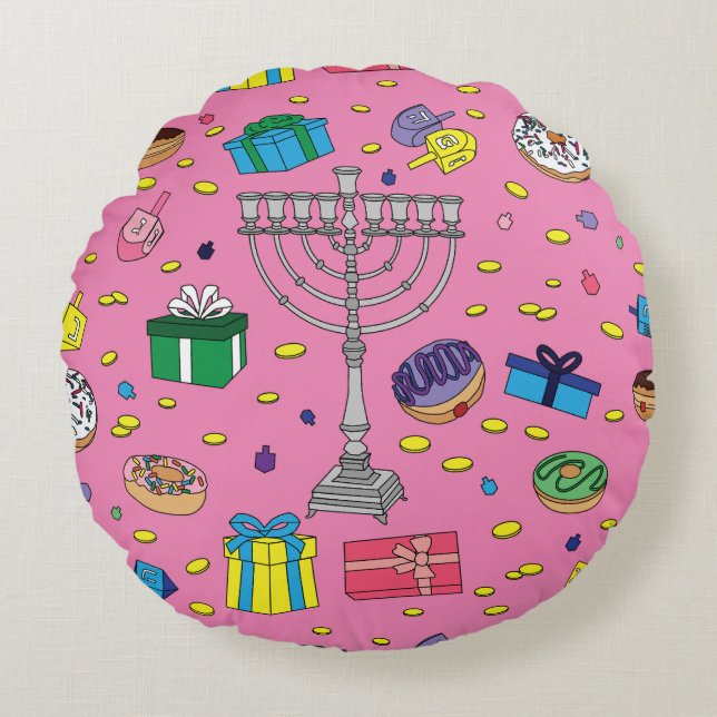 Pink Hanukkah Pattern Round Cushion (Front)