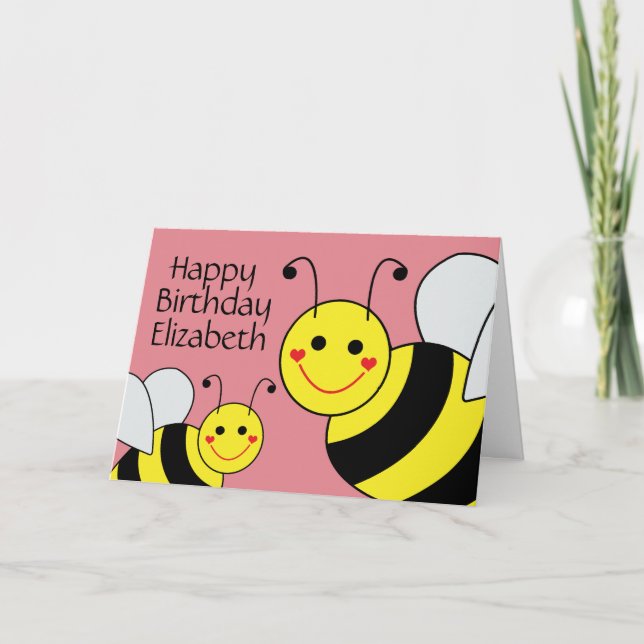 Pink Happy Birthday Bumble Bee Personalised Card (Front)