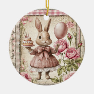 Pink happy birthday bunny ceramic tree decoration