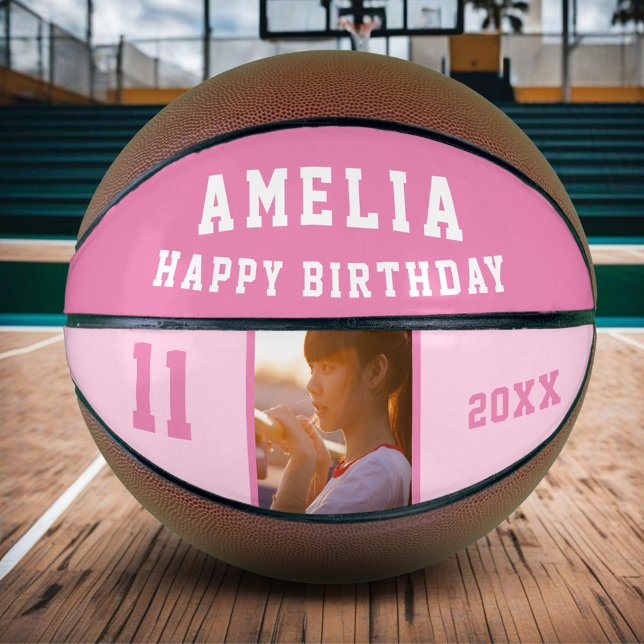 Pink Happy Birthday Girl Photo Basketball (Creator Uploaded)