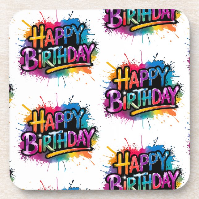 Pink Happy Birthday Graffiti Plastic Coaster (Front)