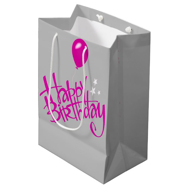 Pink Happy Birthday on Grey   Medium Gift Bag (Front Angled)