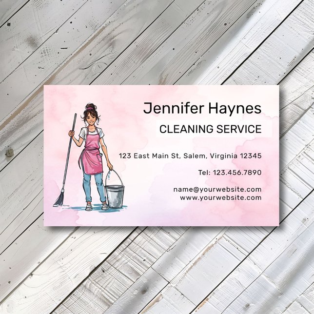 Pink Happy Bright Clean Cleaning Lady Services Business Card (Creator Uploaded)