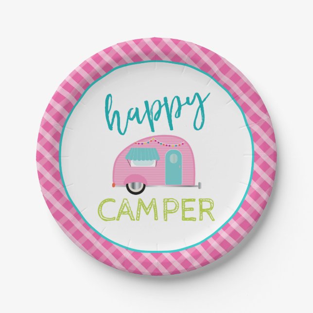 Pink Happy Camper Paper Plates (Front)