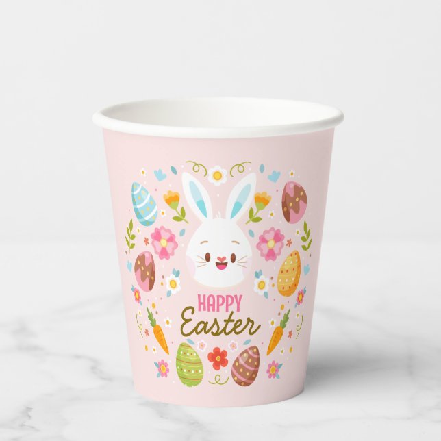 Pink Happy Easter Bunny Floral  Paper Cups (Front)