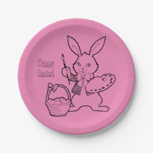 Pink Happy Easter Bunny Painting Eggs Paper Plates