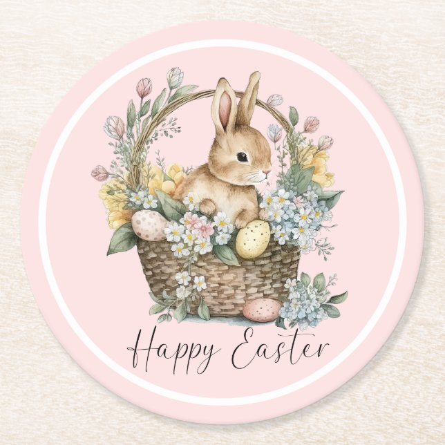Pink Happy Easter Bunny Round Paper Coaster (Front)