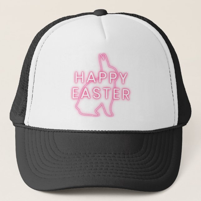 Pink happy Easter sign with bunny neon light trans Trucker Hat (Front)