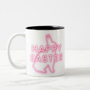Pink happy Easter sign with bunny neon light trans Two-Tone Coffee Mug