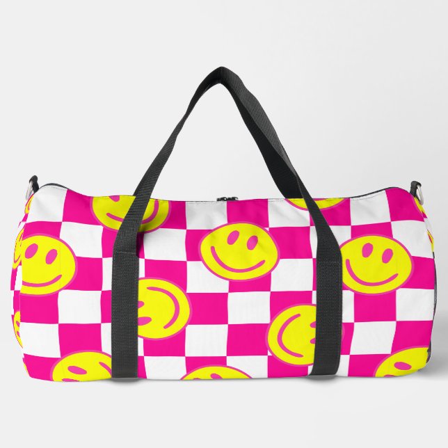 pink happy face check groovy duffle bag (Front)