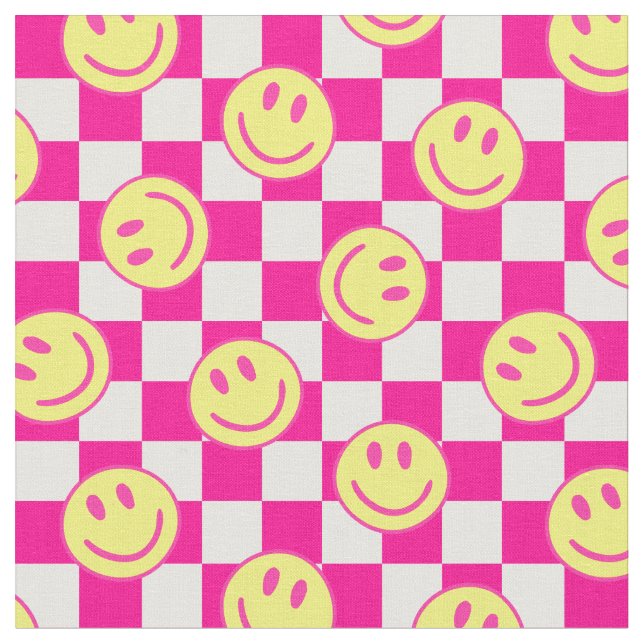 pink happy face check groovy fabric (Close Up)