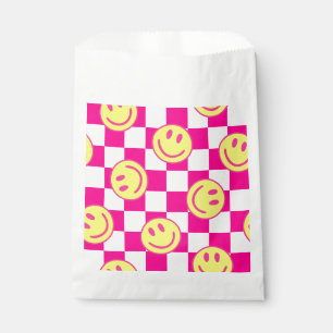 pink happy face check groovy favour bags