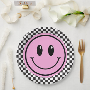 Pink Happy Face Chequered Kids Birthday Paper Plate