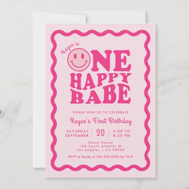 Pink Happy Face One Happy Babe Girl 1st Birthday Invitation (Front)