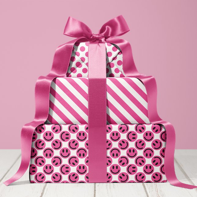 Pink Happy Face Stripes and Polka Dot Wrapping Paper Sheet (Creator Uploaded)