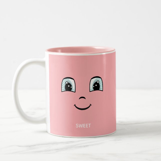 Pink Happy Face with Personalised Text & Monogram Two-Tone Coffee Mug (Left)