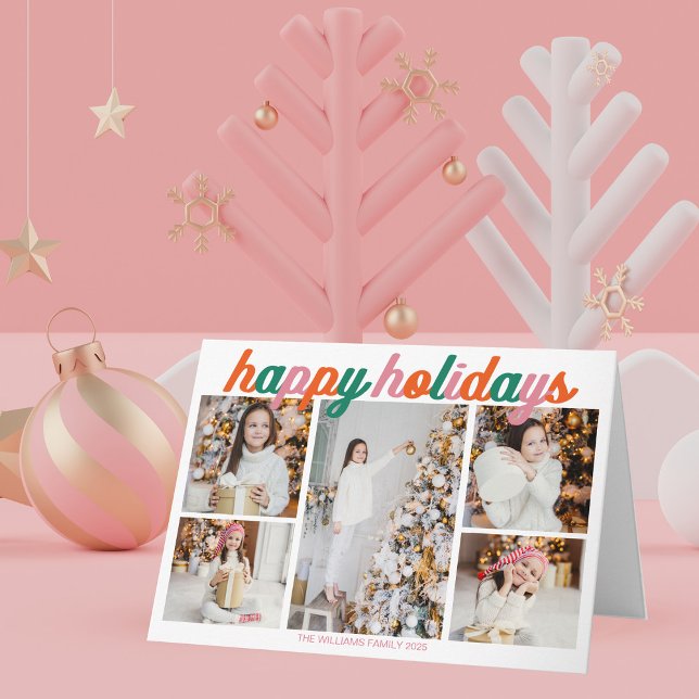 Pink Happy Holidays Cute Photo Collage Folded Holiday Card (Creator Uploaded)