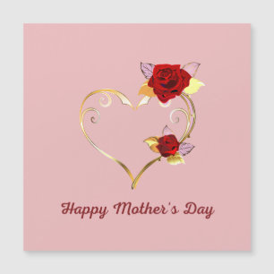 Pink Happy Mother's Day Gold Heart Red Roses Card