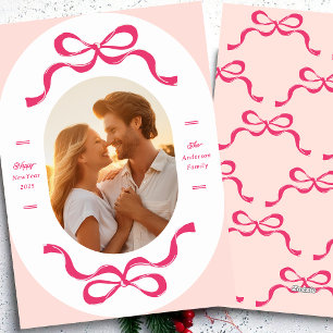 Pink Happy New Year RIBBONS 2025 Photo Holiday Card