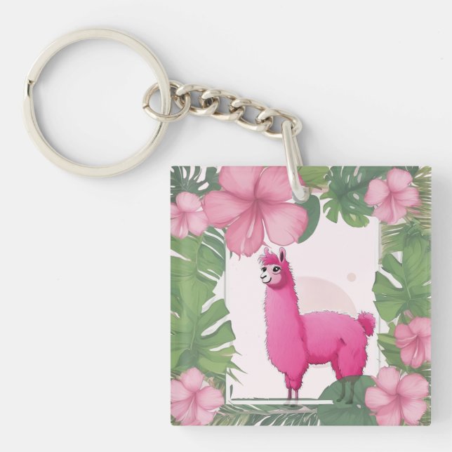 Pink Happy Smiling Lama Key Ring (Front)