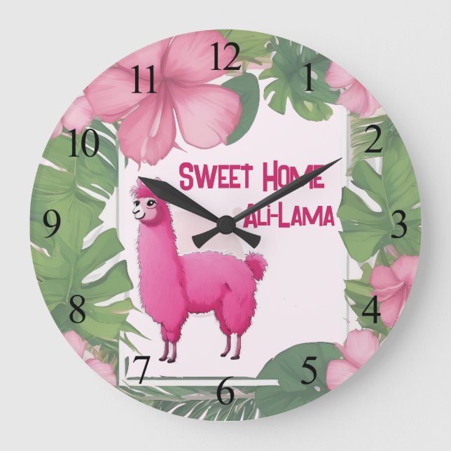 Pink Happy Smiling Lama Large Clock (Front)