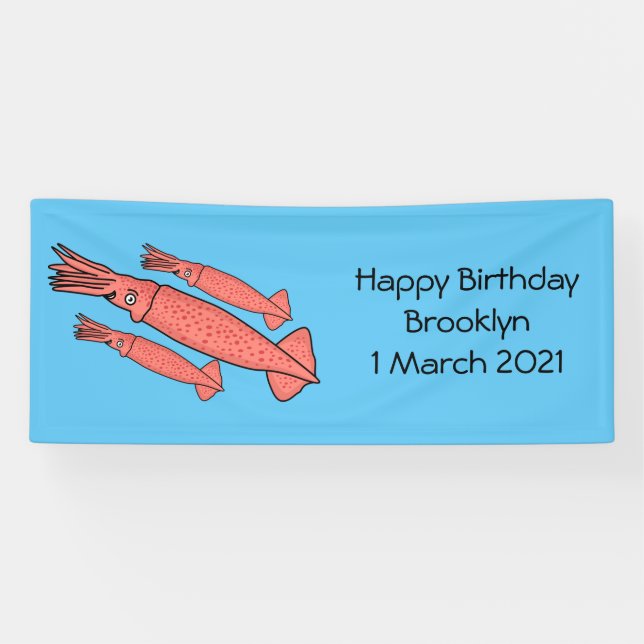 Pink happy squid cartoon illustration banner (Horizontal)