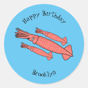 Pink happy squid cartoon illustration classic round sticker